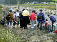 恐竜時代の海の地層を観察