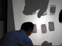 薄片となった珪化木の断面をOHPで。