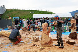 チェンソーによる恐竜彫刻のイベントのようす