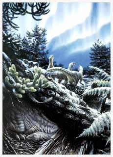 約1億1500万年前のビクトリア州南部（オーストラリア）の冬。オーロラの下の恐竜はヒプシロフォドン類と眠るティミムス