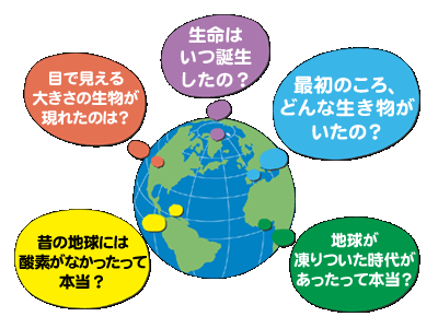 地球と生命の生い立ちに関する謎。「生命はいつ誕生したの？」「最初のころ、どんな生き物がいたの？」「目で見える大きさの生物が現れたのは？」「昔の地球には酸素がなかったって本当？」「地球が凍りついた時代があったって本当？」